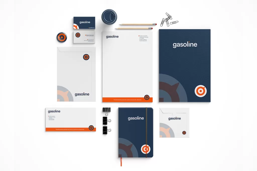 Aplicación de la identidad visual de Gasoline en papelería corporativa